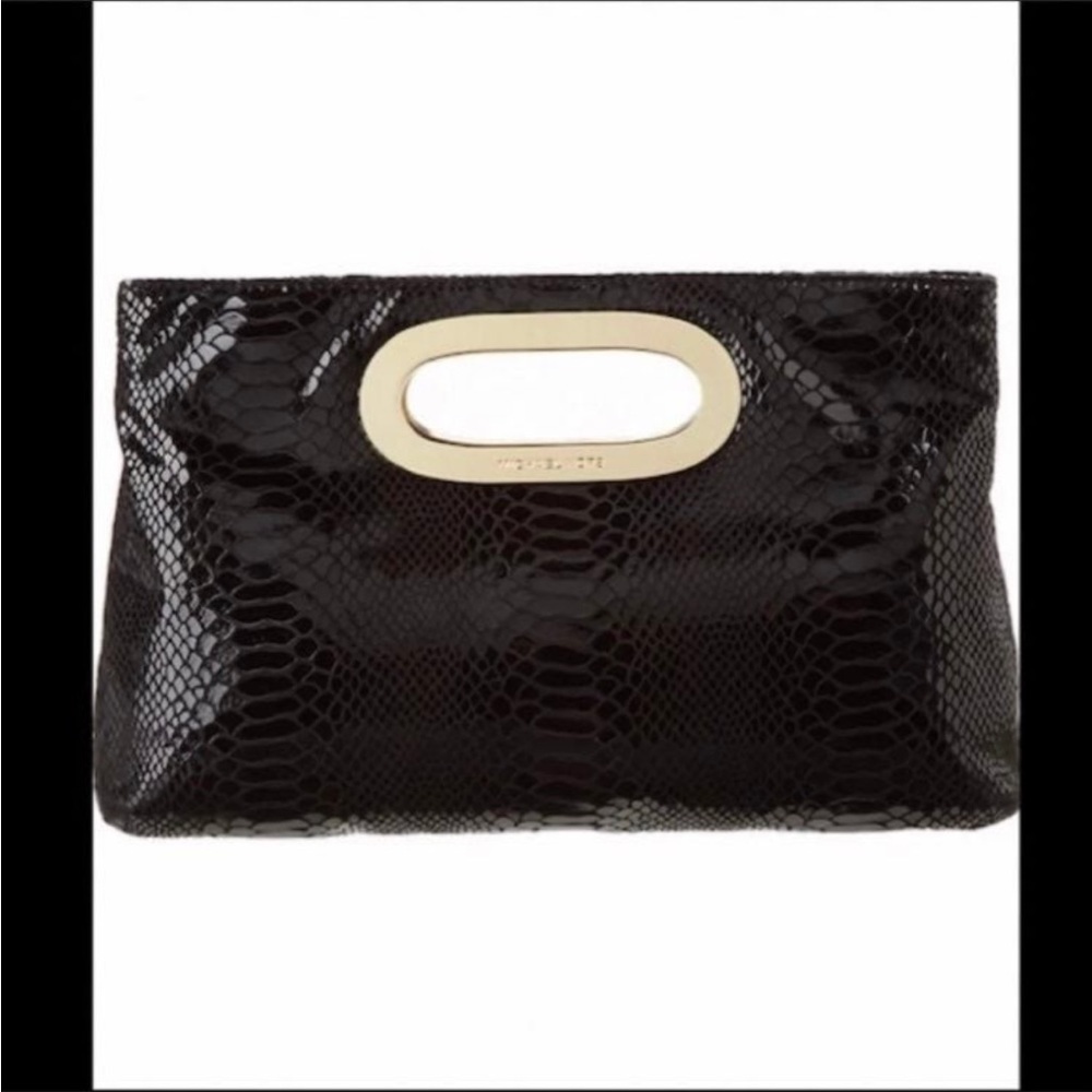 Michael Kors Berkley Black Python Embossed Leather Clutch New.